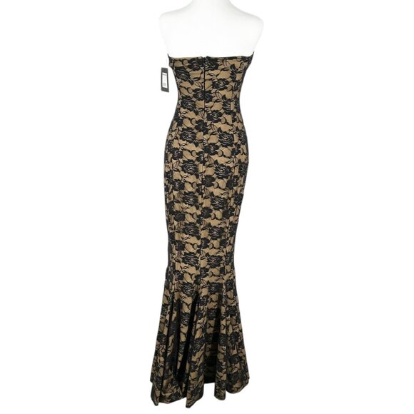 NWT Norma Kamali Strapless Lace Corset Fishtail Gown in Black Roses/Nude - Picture 4 of 11